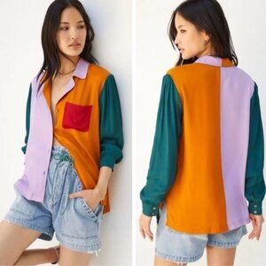 Farm Rio for Anthropologie Green Pink Orange Red Colorblock Button Blouse - Med